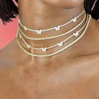 

Bling Rhinestone Tennis Chain Butterfly Choker Charm Necklace for Women Statement Animal Butterfly Iced Out Necklace Collar