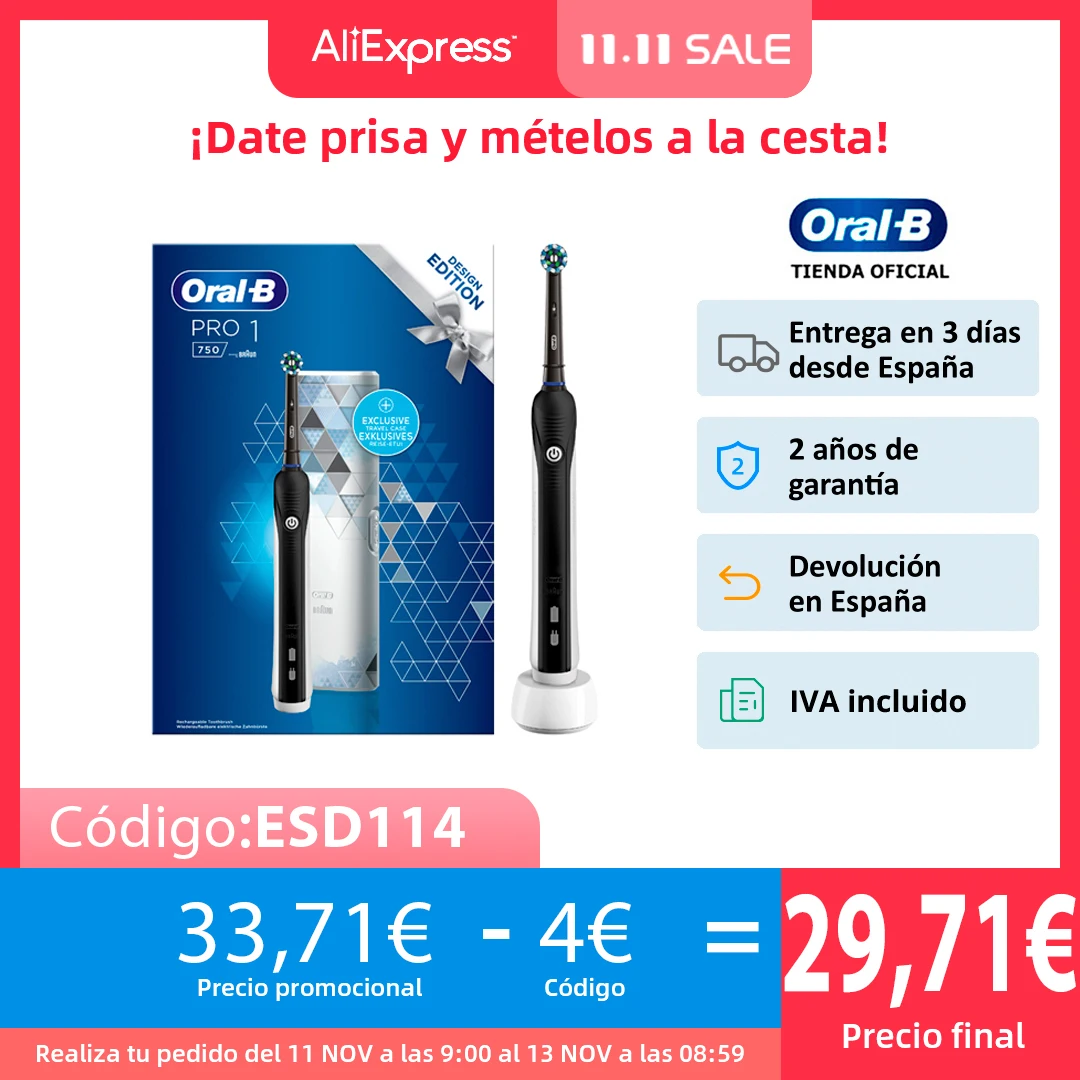 Oral B Pro 1 750, Cepillo de dientes eléctrico, Cepillo Oral B Eléctrico, Tecnología 3D, Temporizador, Autonomía 10 días - Top 100 hogar y jardín