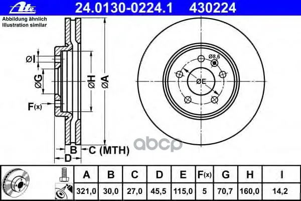 Диск Тормозной Передн, Opel: Astra Gtc J 1.4/1.6/1.6 Sidi/1.7 Cdti/2.0 Biturbo Cdti/2.0 Cdti 11- Ate арт. 24.0130-0224.1