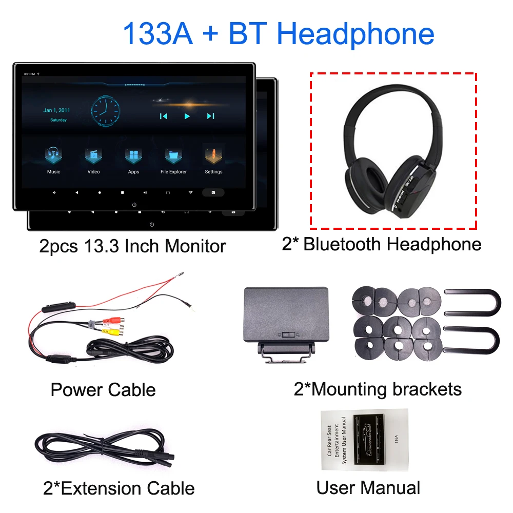 2PCS 133A-BT ONKAR 13,3 дюймов Android 9,0 Автомобильный подголовник монитор 2+ 16GB 4K 1080P видео Bluetooth FM Miracast wifi SD карта HDMI экран зеркальное отображение - Цвет: 2PCS 133A-BT