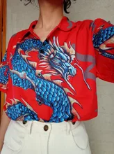 Blusa holgada con estampado de dragón para verano y primavera, camisa de manga corta con estilo BF para mujer, estilo Harajuku, 2021