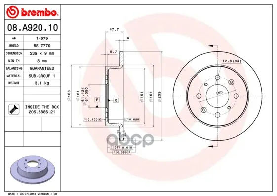 Диск Тормозной Honda: Jazz Ii 02-08, Jazz Iii 08- Brembo арт. 08.A920.10