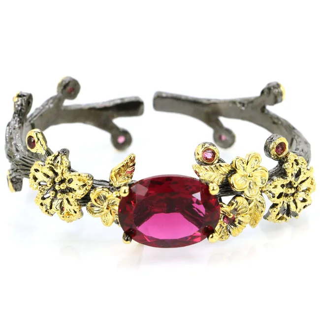 

58x20mm SheCrown Vintage Big Heavy 32.6g Created Pink Tourmaline Black Gold Silver Bangle Bracelet 7.5inch
