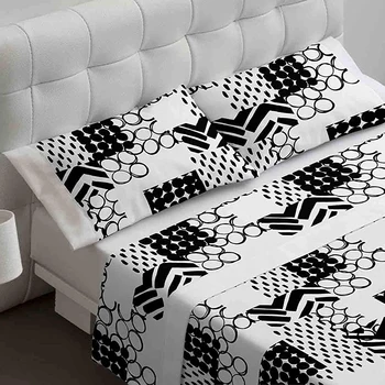

Bed Cotton sheet set Burrito Blanco MOD.108, white and black color with geometric print, manufactured in Spain