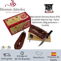 Mini Jamón Serrano Duroc Certificado ETG 1kg Curación Natural Especial Tapas Aperitivo + Embutido Salchichón Sarta 200g + Regalo Jamonero Mini y Cuchillo Hecho en España Buen Punto de Sal, Aspecto y Buena Curación