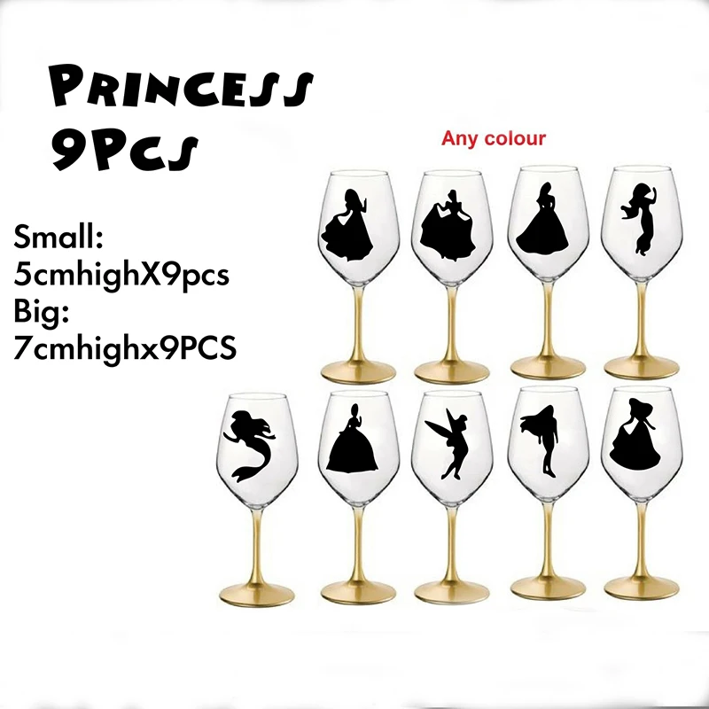 Set Of 9 Princess Glass Stickers Wine Cup Decal Princesses Mug Glass Cup Bear Sticker Decal Vinyl Bar Decor (1)