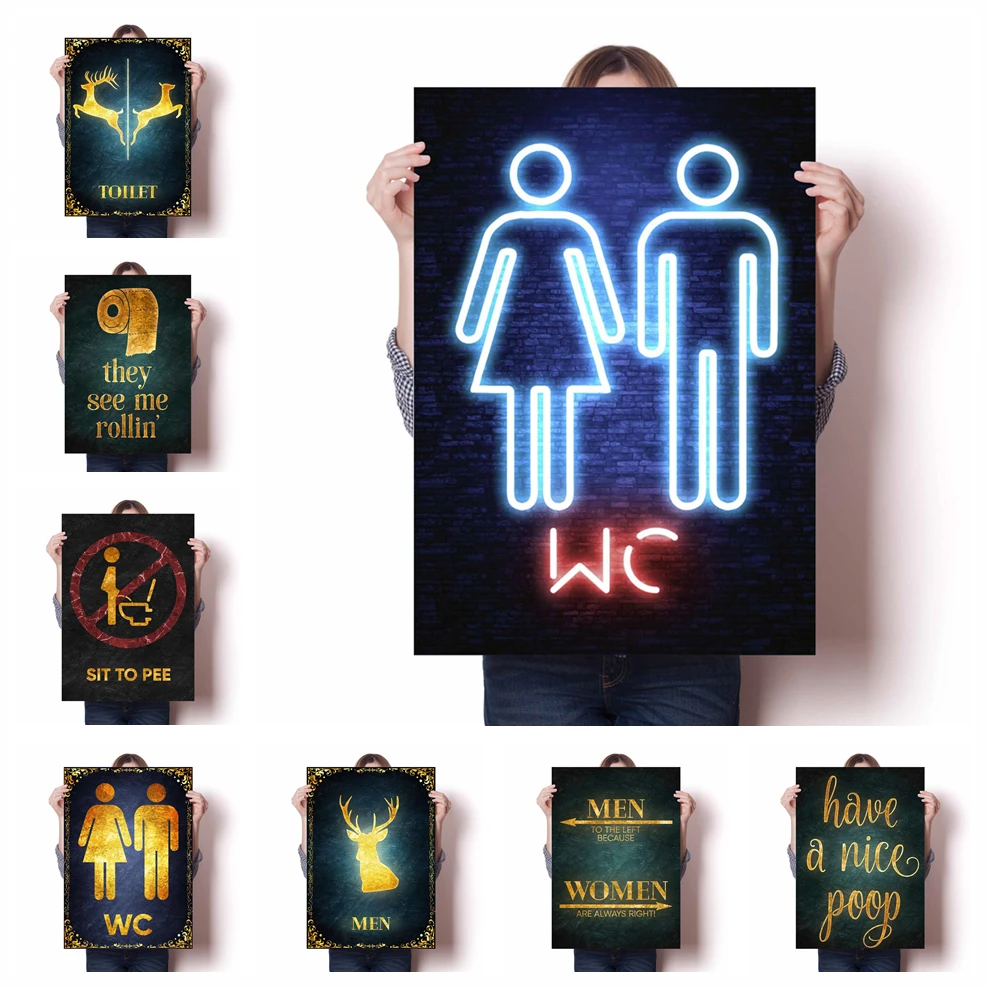 

Toilet Bathroom Wall Decor Picture Quality Canvas Painting Posters Minimalist Alphabet Deer Roll Paper Retro Gold Art Home Decor