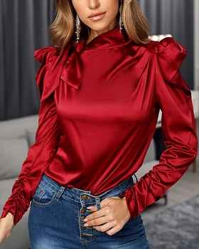 

2020 Autumn Women Elegant Fashion Brief Casual Top Female Leisure Workwear Shirt Solid Puff Sleeve Tied Neck Blouse