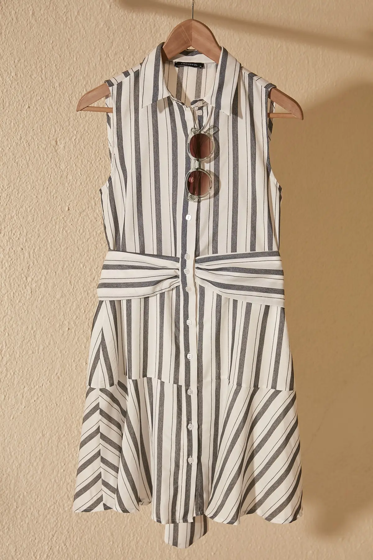 striped belted shirt dress