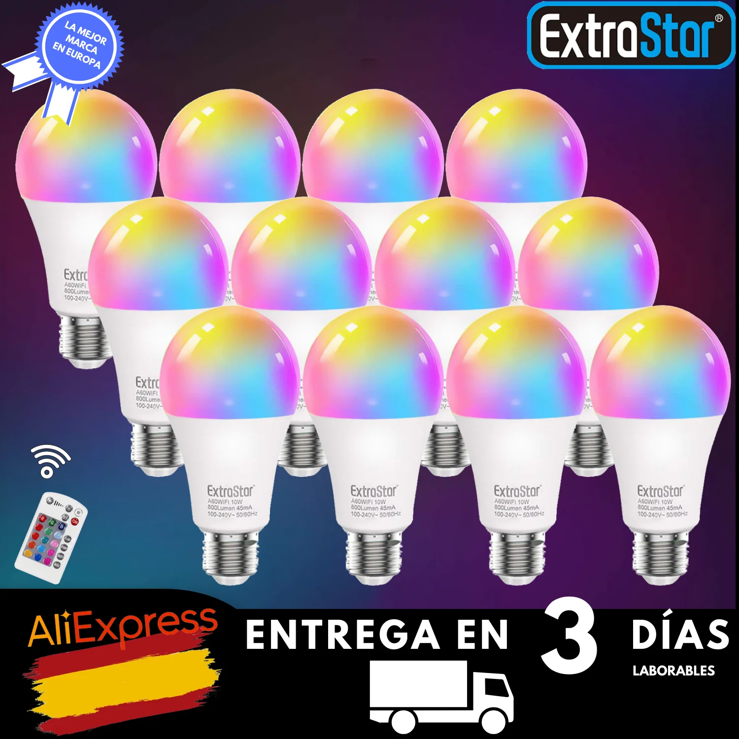 ExtraStar®Only 10W E27 smart LED bulb warm/cold lights & RGB, lamp works with Alexa Google at 2.4GHz