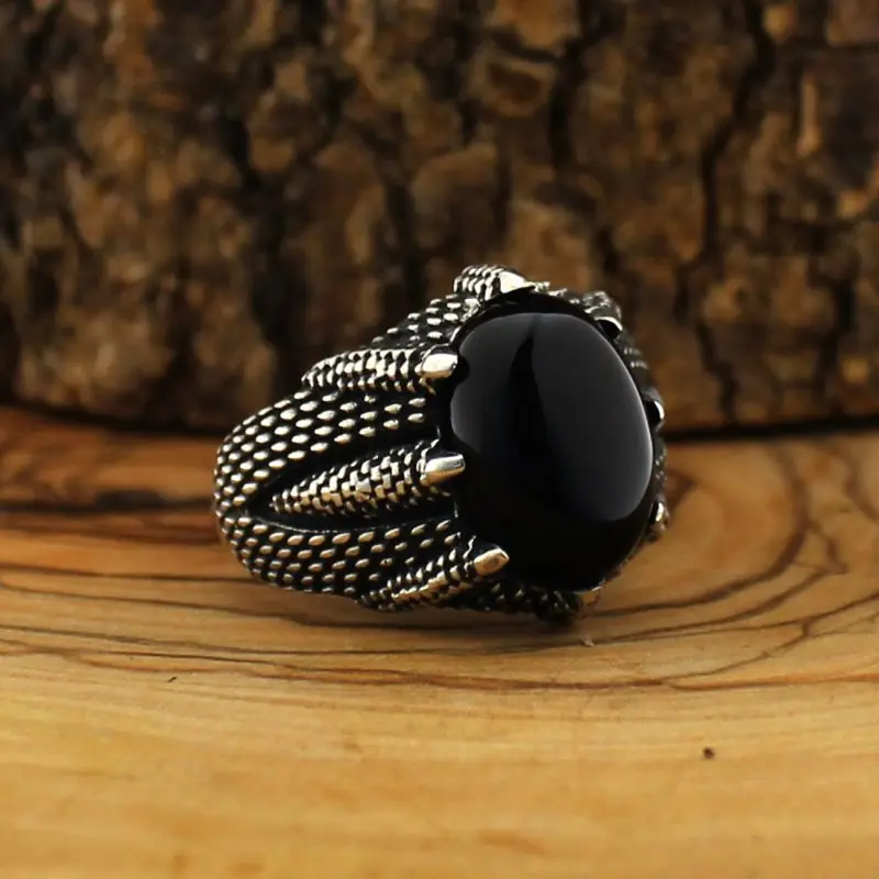 925 Серебряное кольцо для мужчин с маленьким черным Aqeeq(агат) камнем