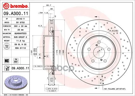 Диск Тормозной Uv Coated | Перед | Lexus Is Ii(_e2_) Is F(Use20) 11.2007- 03.2013 Brembo арт. 09A30011
