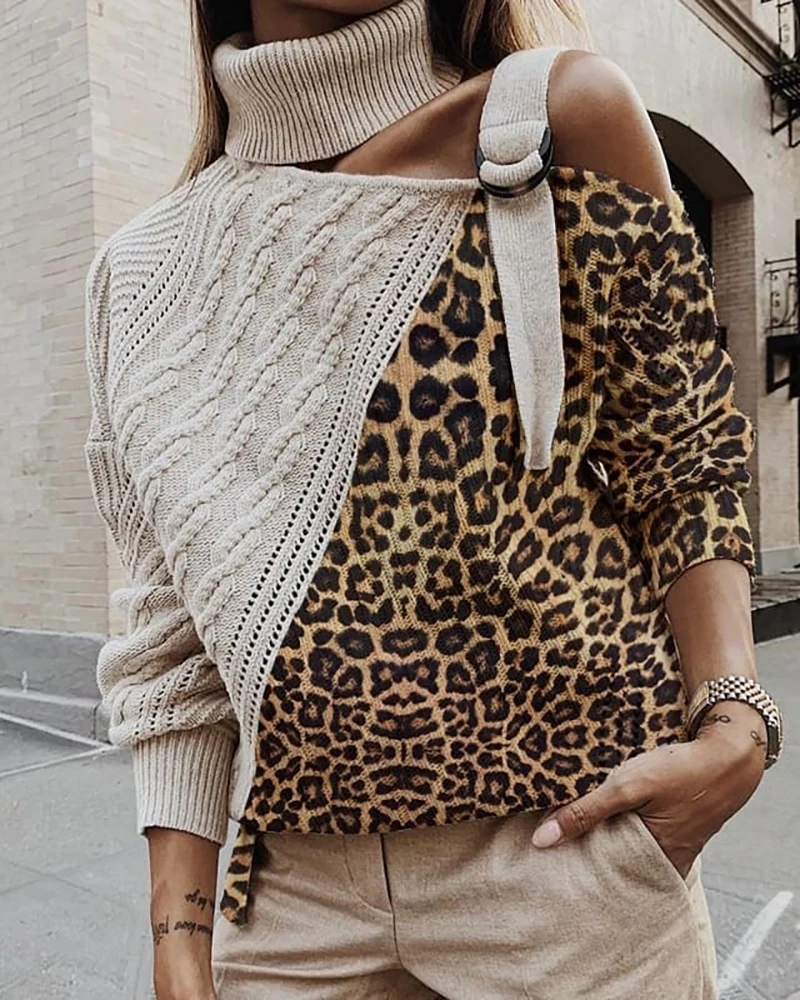 2020 Women Turtleneck Long Sleeve Patchwork Casual Pullover Sweater Tops High Neck Colorblock Leopard Cut Out Knitting | Женская одежда