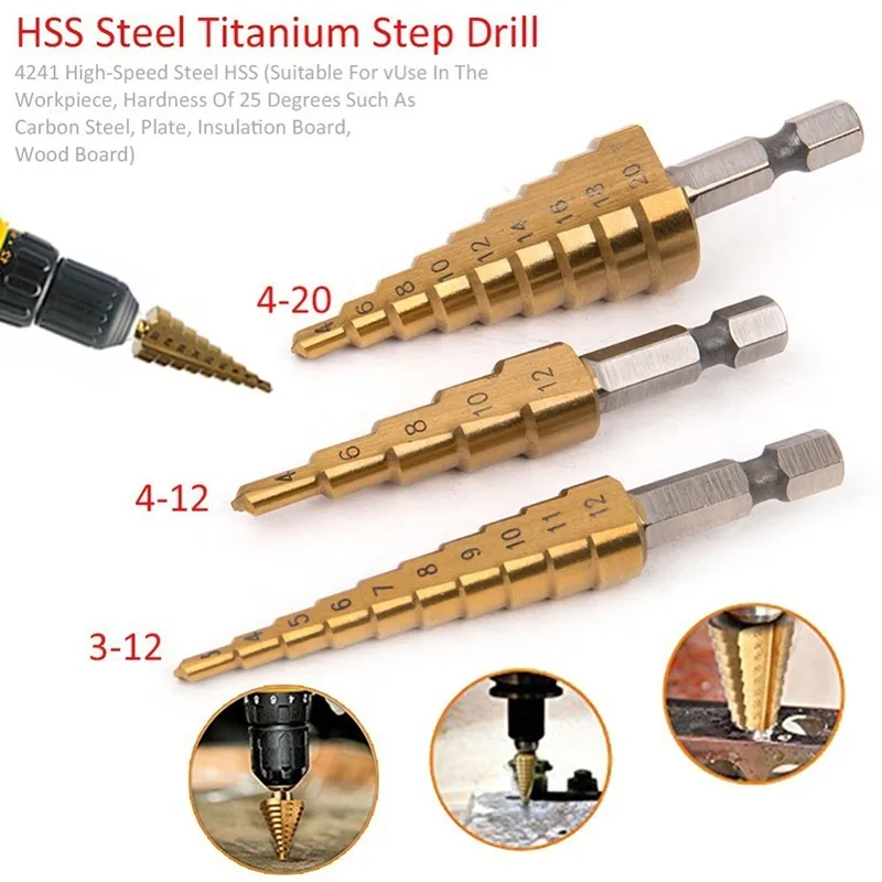 3pcs/Set 4241 HSS Metric 1/4 Hex Shank Titanium Coated Step Drill Bit Auto Deburrs Holes Set Cutter Cone Metal Core Drills Bits 3pcs/Set 4241 HSS Metric 1/4 Hex Shank Titanium Coated Step Drill Bit Auto Deburrs Holes Set Cutter Cone Metal Core Drills Bits