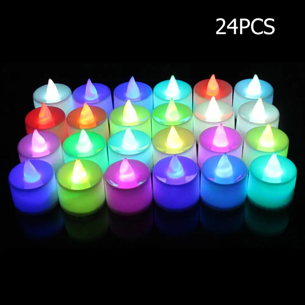 24pcs multicolor 12/24 шт. теплый белый Нерегулярные СВЕТОДИОДНЫЙ мерцающий Чай Светильник лампы Беспламенного искусственная Свеча лампа праздничные платья для свадебных торжеств украшения - Цвет: 24pcs multicolor