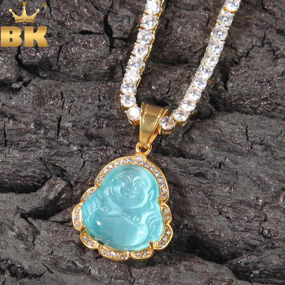 

THE BLING KING Buddha Pendant Agate Jade Colorful Cubic Zirconia Gem Stainless Steel With Tennis Chain Necklace Hiphop Jewelry