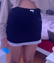 ALLNeon E-chica dulce ribete de encaje con moño negro faldas Y2K estética sólido alto cintura Bodycon falda corta Clubwear 90s fondos Vintage