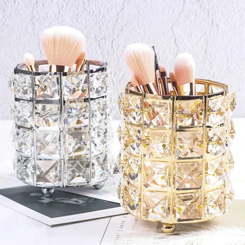 

Europe Metal Makeup Brush Storage Tube Eyebrow Pencil Makeup Organizer Bead Metal Crystal Square Jewelry Storage Box
