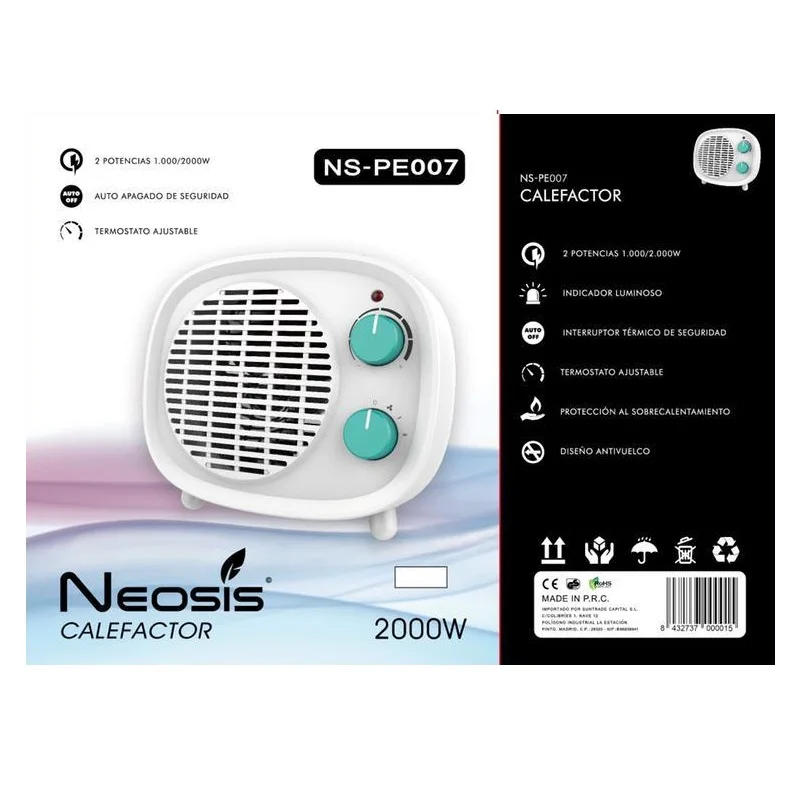 Neosis Calefactor Eléctrico  NS-PE007  2 potencias 1000/2000W Termostato ajustable - Auto apagado de seguridad