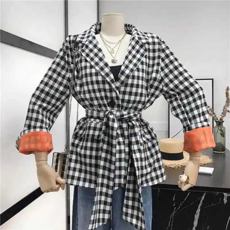 

2019 Autumn Fashion Streetwear Colors Contrast Cuff Patchwork Sashes Plaid Blazer Women Stylish Blazers