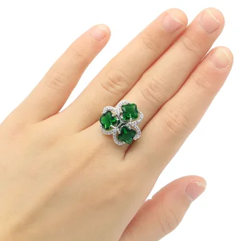 

21x19mm Elegant SheCrown Created Green Emerald White CZ Gift For Sister Engagement Silver Rings