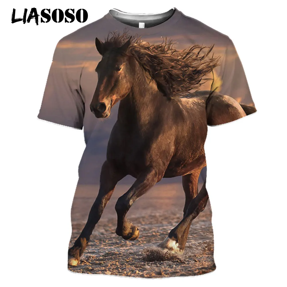LIASOSO 2021 3D Print Robust Horses Snow Anime Horse Animals Tshirt Women Men Casual T-shirt Pullover Short Sleeve Large Clothes
