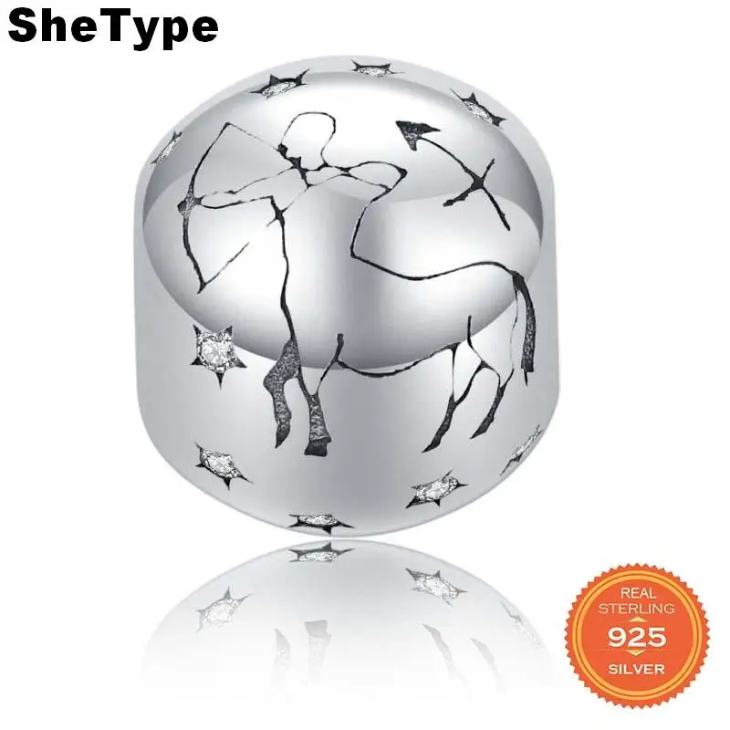 

SheType 2.8g Water Sign Constellation Round Beads Women Jewelry Making Sagittarius Clear Star Charm 925 Solid Sterling Silver