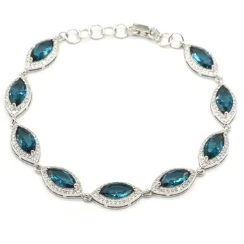

17x10mm Beautiful Created Dark London Blue Topaz White CZ Ladies Silver Bracelet 8.5-9.5inch