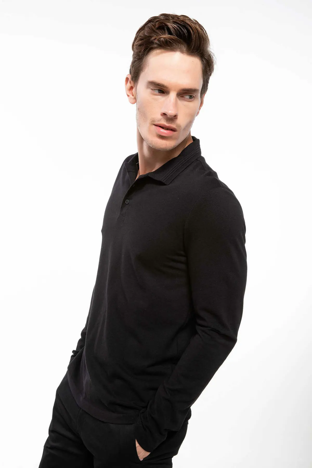 

DeFacto Men Autumn Long Sleeve Polo Shirt Solid White Black Color Male Turn-down Collar Top T-Shirt-H2169AZ18AU-H2169AZ18AU