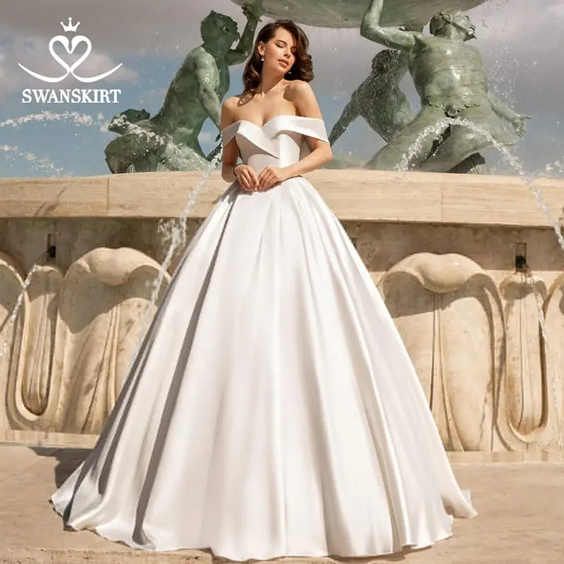 Свадебное платье трапециевидной формы с открытыми плечами, шикарная юбка, милое атласное свадебное платье со шлейфом, платье принцессы, Vestido de noiva EY01 - Цвет: Слоновая кость