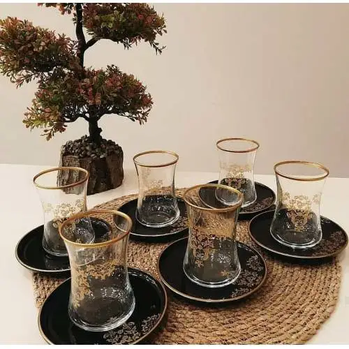 

WONDERFUL AMAZİNG Lav Duru Black Plate Patterned Gold 12 Piece Tea Glass Tea Plate Tea Set.