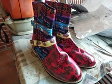 Vintage Splicing Printed Ankle Boots For Women Shoes Woman PU Leather Retro Block High Heels Women Boots