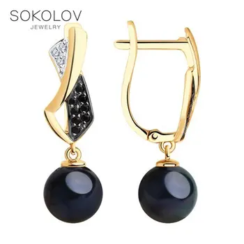 

Drop Earrings with stones SOKOLOV gold with black pearls and cubic zirkonia fashion jewelry 585 women's male, long earrings