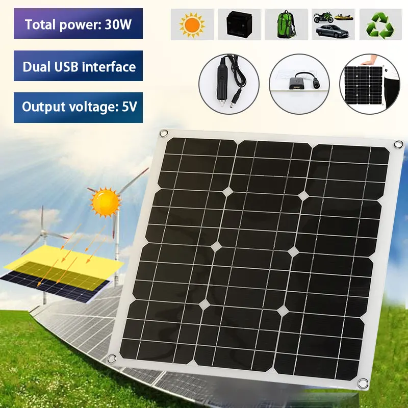 

Solar Panel Kit Inverters DC Line Alligator Clip 30W Single-Crystal Silicon USB+5.5*2.1mm Usb Charger With 30w