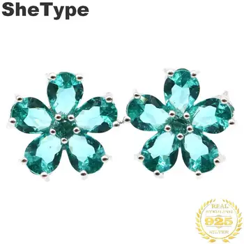 

15x15mm 2019 New Arrival 3.6g Flower Shape Created Blue Aquamarine Ladies 925 Solid Sterling Silver Stud Earrings