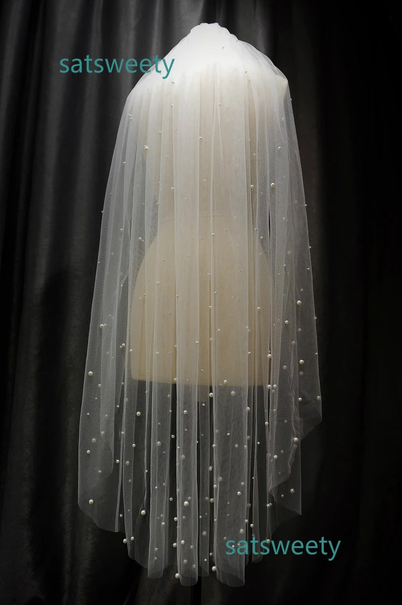 Elegant Woman Pearls Bridal Veils Fingertip Length With Comb Ivory/white Veil for Bridal Cut Edge Tulle Wedding Veil