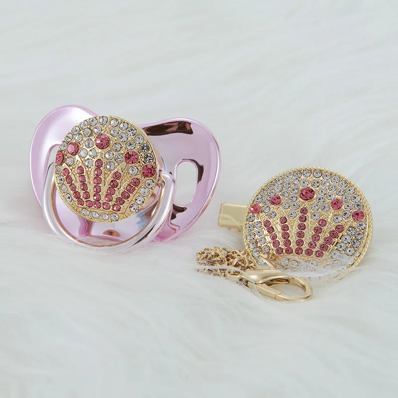 MIYOCAR bling unique design gold pink crown pacifier and clip set BPA free sgs pass safe to baby pacifier holder APCG
