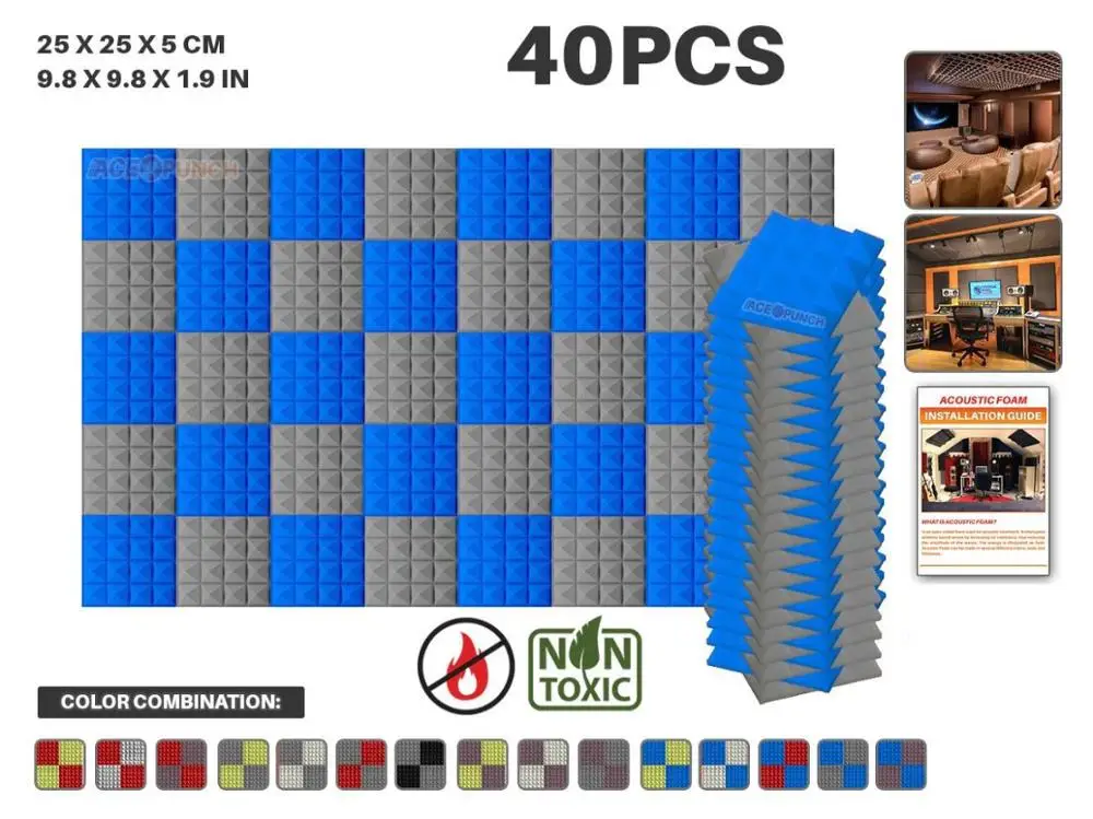 Arrowzoom 25*25*5 см(9,8*9,8*1,9 дюйма) Пирамида Студия Акустическая Пена плитка панель 40 шт. в упаковке 11 цветовых комбинаций KK1034 - Цвет: Blue and Gray