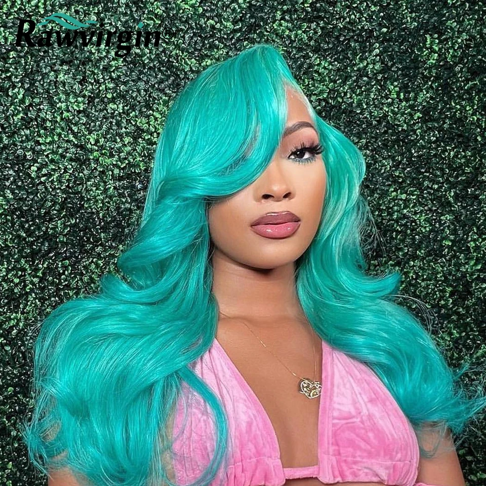 Perruque Lace Front Wig Body Wave Naturelle Lisse, Cheveux Humains, Vert Menthe, Bleu, Deep Wave, Transparent HD, pour Femme