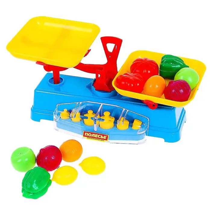 игровой набор весы. весы полесье детские. весы полесье 53770. игровой набор весы. игровой набор весы набор продуктов 12 элементов в сеточке.