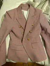 Houndstooth Blazer Jacket Buttons Classic Double-Breasted Womens High-Street Metal Newest