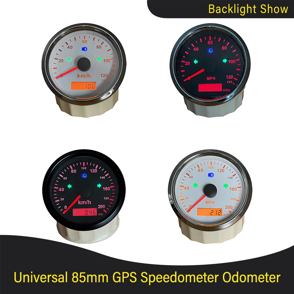 85mm GPS Speedometer 0-125 km/h 0-160 km/h 0-200 with Odometer Adjustable for Motorcycle Car with Red Yellow Backlight