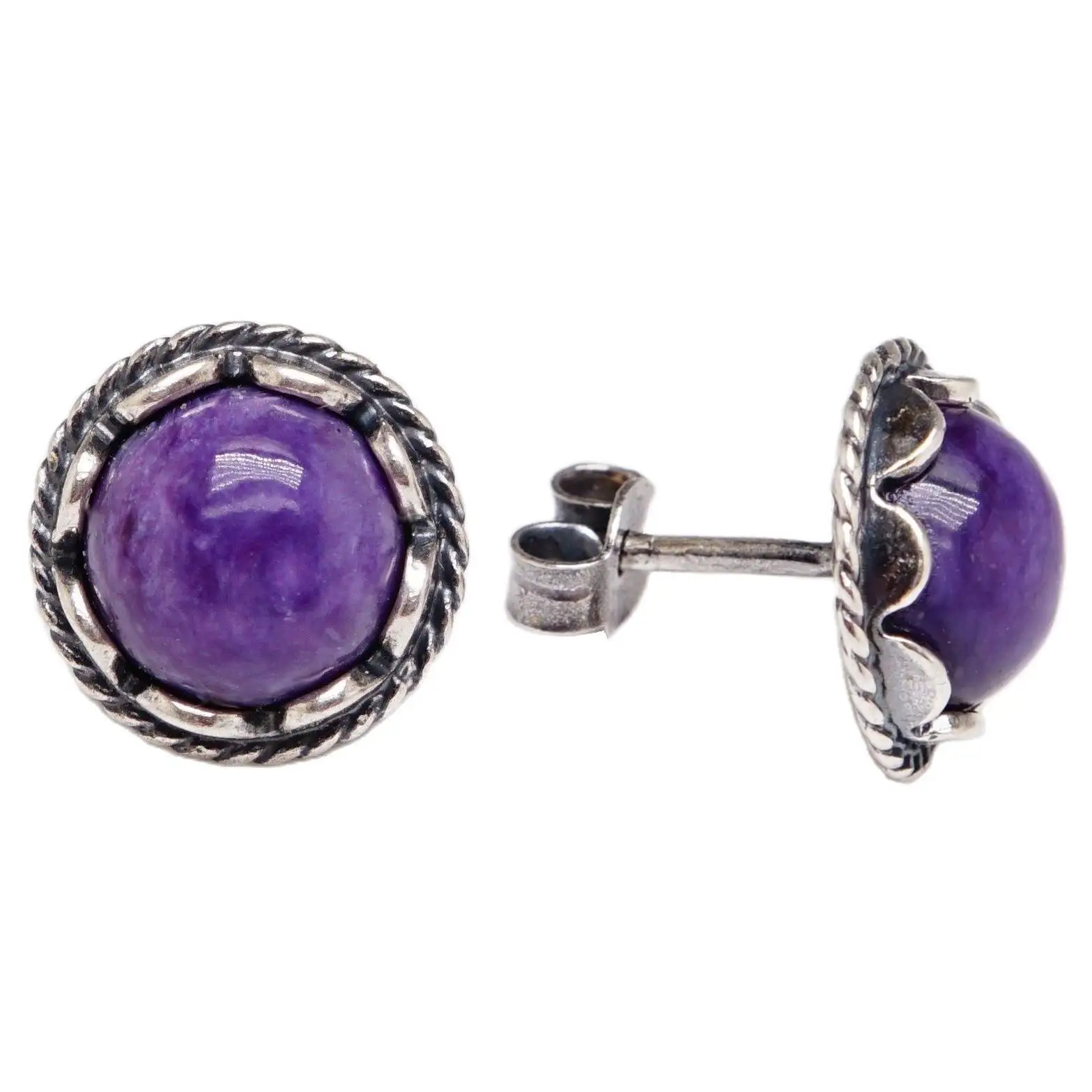 Stud earrings charoite natural pouches Ural gems silver plated 12 Mk stones good things 1965 | Украшения и аксессуары