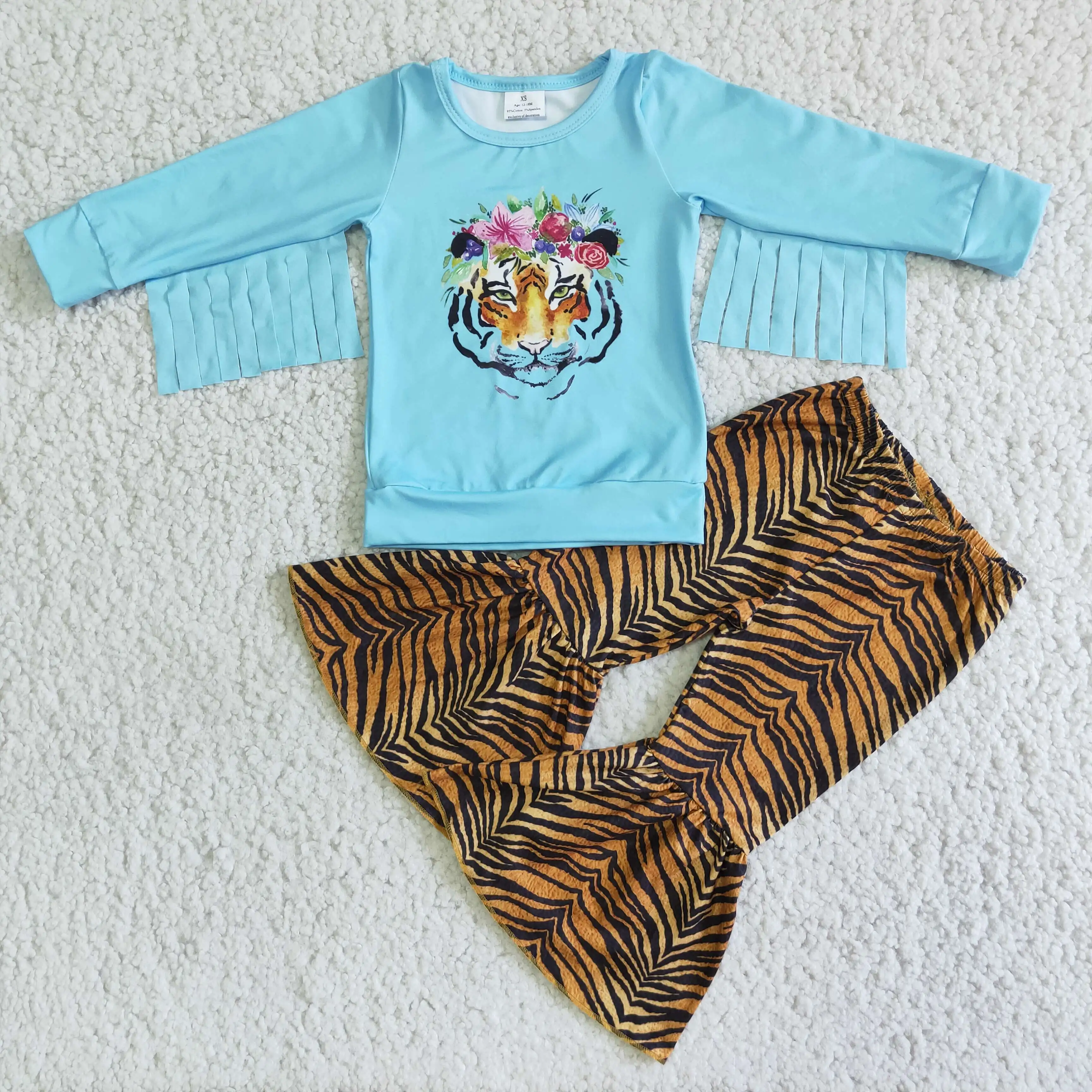 

New design girl clothing sets tiger print sky blue fringed blouse tiger spot bottom bell pants fashion suit children's clothing
