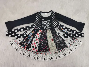 

Infant Toddlers Baby Girls Boutique Clothing Black Long Sleeve Large Twirl Splice Ruffle Dress Girls Dresses