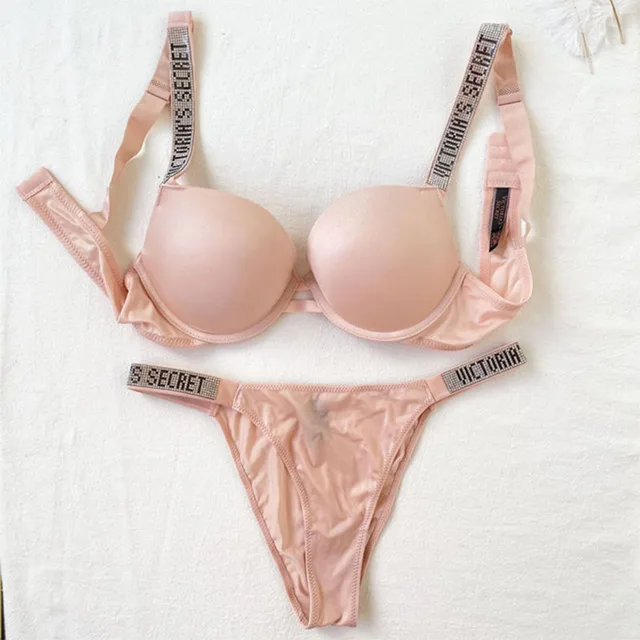 Victoria's Secret Women Sexy Rhinestones Comfortable Lingerie Femme Push Up Underclothes Bra And Panties 2 Piece Set Underwear pink