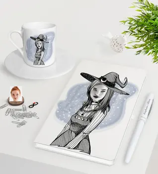 

Personalized Women 'S Witch Caricature Of White Notebook Pen Turkish Coffee Cup Seti-1