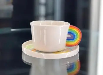

Rainbow Pattern Colorful Double Espresso Turkish Coffee Handmade Healthy Ceramic Cup and Saucer