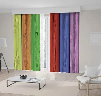 

Curtain Colorful Wood Wall with Vertical Panels Vintage Decorating Print Yellow Brown Green Red Blue Pink