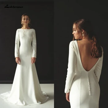 

Lakshmigown Stylish Satin Mermaid Long Sleeves Wedding Dresses 2020 Robe de Mariee Elegant Bridal Gowns Backless Custom Made